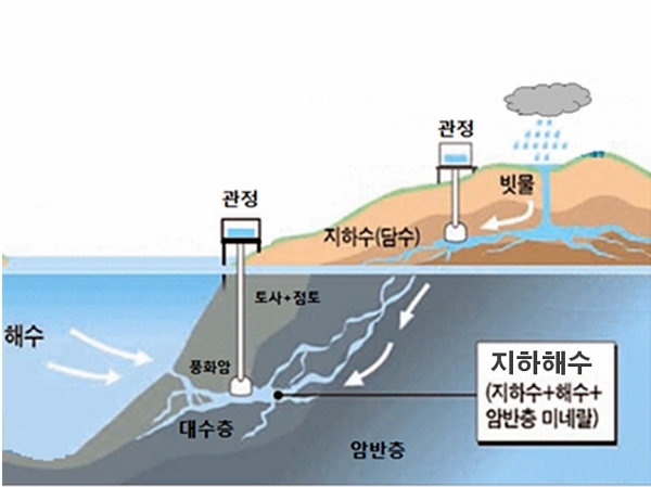 농어촌공사의 지하해수로 양식사업 지원 모식도. 지하해수는 해안가의 지층에 분포하는 염분을 가진 지하수로 일정한 수온을 가지고 있어 기후변화의 영향을 덜 받고 해양 오염으로부터도 안전한 편이어서 청정용수로 각광을 받으며 양식장 용수로 활용도가 높다. 한국농어촌공사 제공