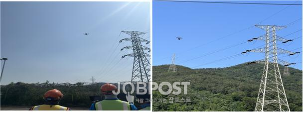 드론을 활용한 송전선로(철탑) 점검.(사진_코레일 부경본부)