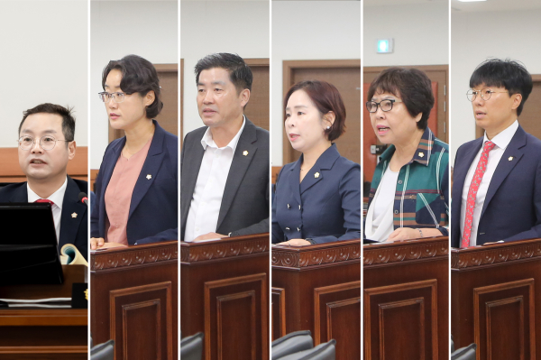 자치행정위원회 위원들이 9월 12일 의원발의 조례안을 제안 설명하고 있다. 좌측부터 한근수 위원장, 박은경 의원, 김동훈 의원, 정현미 의원, 이정애 의원, 원주영 의원